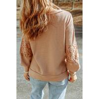 Azura Exchange Lace Waffle Patchwork Strappy V Neck Long Sleeve Top - M thumbnail