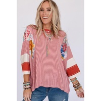 Red Pinstriped Color Block Patchwork Oversized Top - S thumbnail
