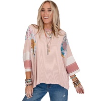 Pink Printed Pinstriped Color Block Patchwork Oversized Top - M thumbnail