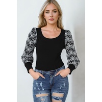 Black Flower Puff Sleeve Ribbed Knit Top - S thumbnail