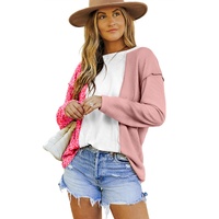 Pink Waffle Knit Exposed Seam Leopard Colorblock Print Top - S thumbnail