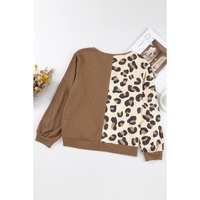 Brown Leopard Splicing Waffle Knit V Neck Top - L thumbnail