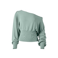 Green Off Shoulder Bishop Sleeve Cinched Waist Blouse - L thumbnail