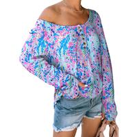 Azura Exchange Printed Wide Neck Thumbhole Sleeve Henley Top - L thumbnail