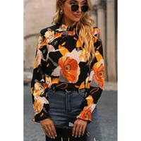 Black Floral Print Mock Neck Blouse - M thumbnail