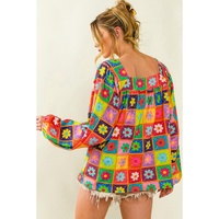 Azura Exchange Multicolor Floral Crochet Square Neck Puff Sleeve Blouse - M thumbnail