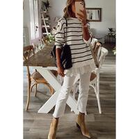 Azura Exchange Striped Button Dropped Shoulder Lace Splicing Top - S thumbnail