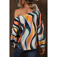 Azura Exchange Wavy Striped Boat Neck Puff Sleeve Blouse - M thumbnail
