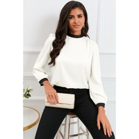 White Color Block Bow Back Mock Neck Blouse - S thumbnail