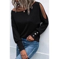 Black Asymmetrical Cut Out Buttoned Long Sleeve Top - S thumbnail