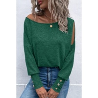 Green Asymmetrical Cut Out Buttoned Long Sleeve Top - L thumbnail
