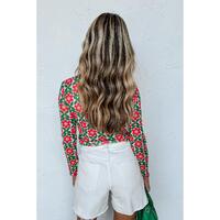 Azura Exchange Retro Floral Print Stretchy Long Sleeve Top - M thumbnail