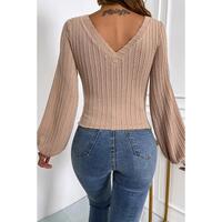 Azura Exchange Knitted Jacquard V Neck Lantern Sleeve Top - M thumbnail