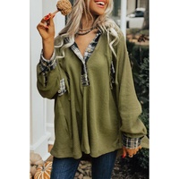 Green Flowy Plaid Accent Waffle Knit Henley Hoodie - S thumbnail