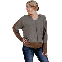 Brown Contrast Patchwork Thumbhole Sleeve Top - L thumbnail