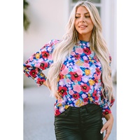 Blue Mock Neck Bubble Sleeve Floral Print Blouse - L thumbnail