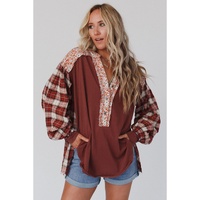 Red Floral Plaid Mixed Print Bishop Sleeve Patchwork Top - L thumbnail