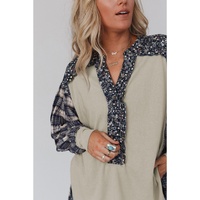 Blue Floral Plaid Mixed Print Bishop Sleeve Patchwork Top - L thumbnail