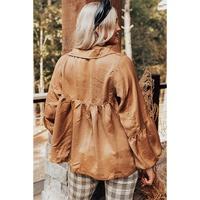 Brown Puff Sleeve Collared Pleated Babydoll Blouse - L thumbnail
