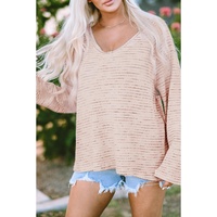 Pink Waffled Knit Long Sleeve V-Neck Frayed Top - L thumbnail