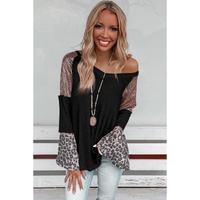 Black Sequin Patchwork Bell Sleeve V Neck Tunic Top - M thumbnail