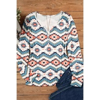 White Aztec Geometric Print Long Sleeve Henley Top - S thumbnail