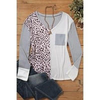 Leopard Patchwork Ribbed Color Block V Neck Top - M thumbnail