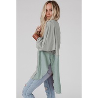 Grey Crinkle Splicing Raw Hem High Low Oversized Blouse - L thumbnail