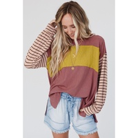 Red Colorblock Striped Bishop Sleeve Top - S thumbnail