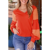 Red Studded V Neckline Exposed Seam Textured Knit Top - XL thumbnail