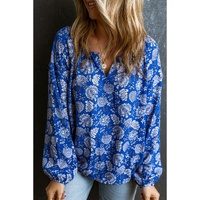 Blue Floral Notched V-Neck Long Sleeve Blouse - L thumbnail
