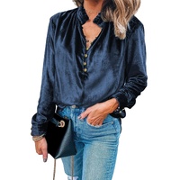 Navy Blue Frilled Neck Buttoned Front Velvet Top - 2XL thumbnail