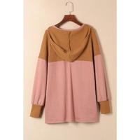Brown Waffle Knit Patchwork Drawstring V Neck Hoodie - L thumbnail