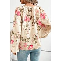 Azura Exchange Floral Print V-Neck Lantern Sleeve Blouse - M thumbnail