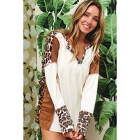 White Leopard Color Block Patchwork Split Neck Long Sleeve Top - S thumbnail