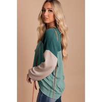 Green Color Block Long Sleeve Ribbed Loose Top - XL thumbnail