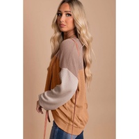 Khaki Color Block Long Sleeve Ribbed Loose Top - S thumbnail