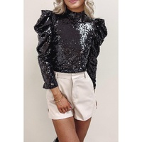 Black Sequin Mock Neck Bubble Sleeve Top - M thumbnail