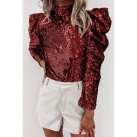 Burgundy Sequin Mock Neck Bubble Sleeve Top - L thumbnail
