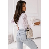 White Lace Splicing Sleeve Ribbed Slim Top - L thumbnail
