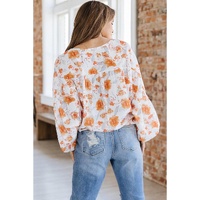 White Tassel Tie V Neck Bubble Sleeve Floral Blouse - M thumbnail