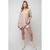 Apricot Exposed Seam V Neck Split Hem Tunic Top - L thumbnail