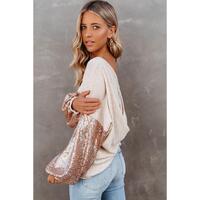 Azura Exchange Apricot Sequin Patchwork Sleeve Waffle Knit Top - XL thumbnail