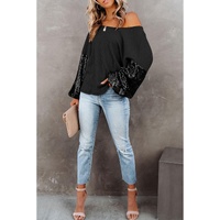 Black Sequin Patchwork Sleeve Open Back Waffle Knit Top - L thumbnail
