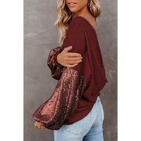 Biking Red Sequin Patchwork Sleeve Open Back Waffle Knit Top - L thumbnail