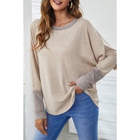 Khaki Contrast Cuffs Batwing Sleeve Loose Top - XL thumbnail
