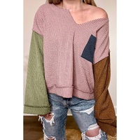 Pink Colorblock Rib Textured Loose Long Sleeve Top - L thumbnail