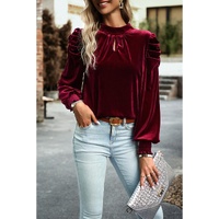 Azura Exchange Red Mock Neck Puff Sleeve Velvet Blouse - L thumbnail