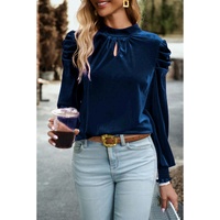 Sky Blue Fiery Mock Neck Puff Sleeve Velvet Blouse - L thumbnail