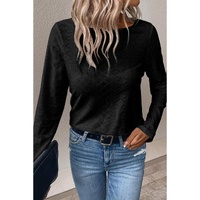 Black Floral Lace Splicing Eyelet Long Sleeve Top - S thumbnail